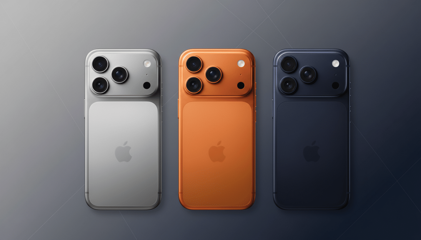 A : This image displays three different colored iPhones ( silver, orange, and blue) arranged horizon