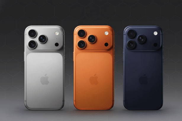 Three smartphones, silver, orange, and blue, are displayed on a professional flat background with a subtle geometric pattern and a soft gradient.