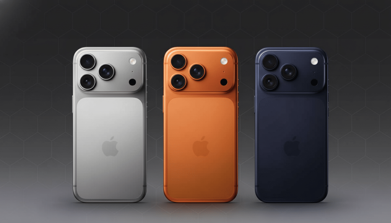 Three smartphones, silver, orange, and blue, are displayed on a professional flat background with a subtle geometric pattern and a soft gradient.