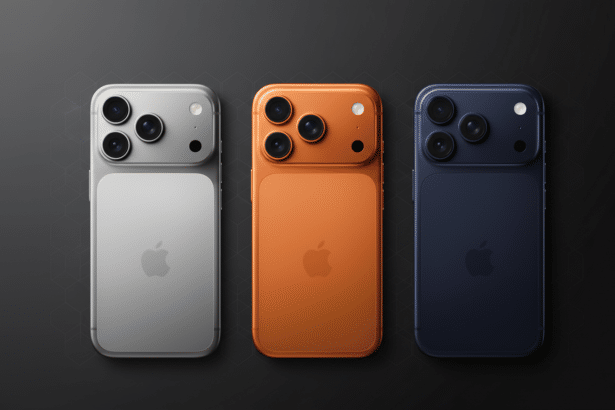 Three iPhones with a unique back design, featuring a prominent camera module at the top and the Apple logo centered below it . The phones are colored silver, orange, and blue- gray, arranged against a professional dark background with subtle patterns.