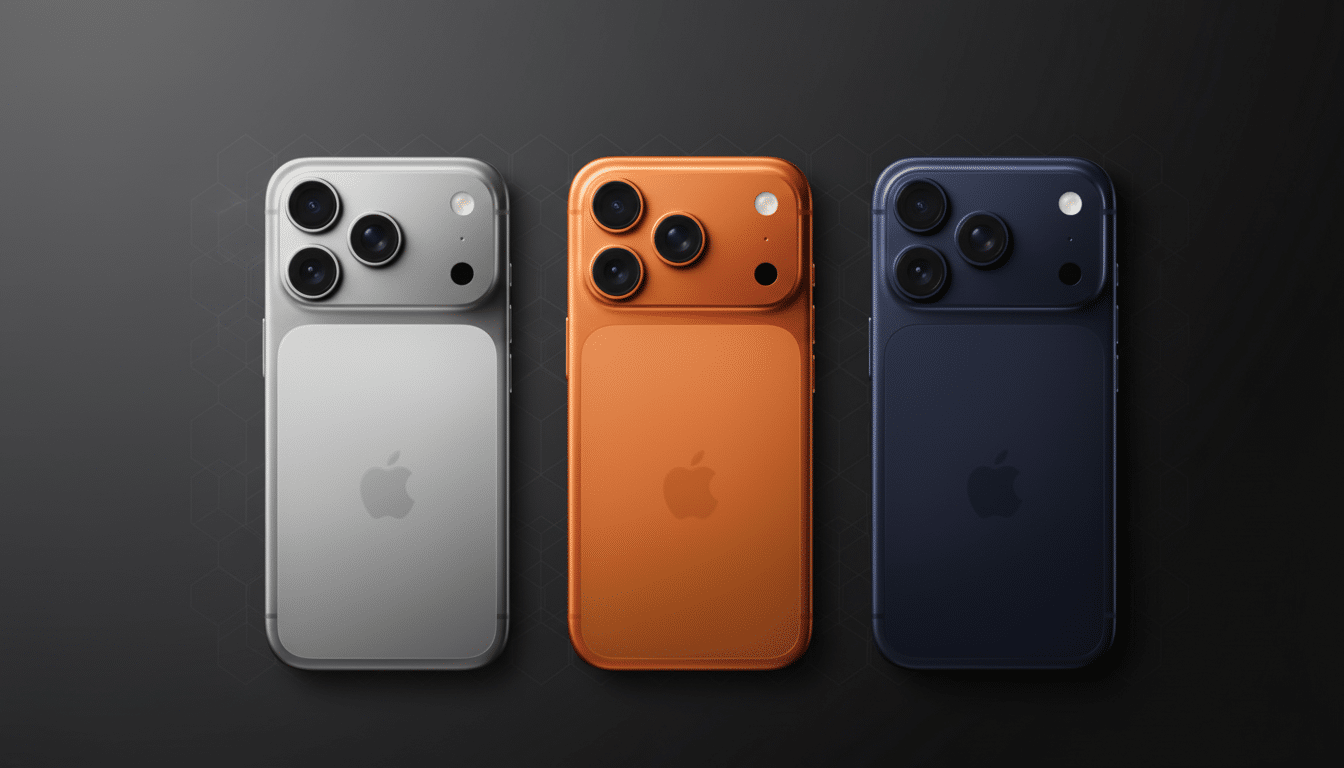 Three iPhones with a unique back design, featuring a prominent camera module at the top and the Apple logo centered below it . The phones are colored silver, orange, and blue- gray, arranged against a professional dark background with subtle patterns.