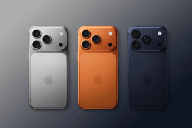 ** Three iPhones in silver, orange, and dark blue are arranged side -by-side on a dark gray and blue gradient background. **