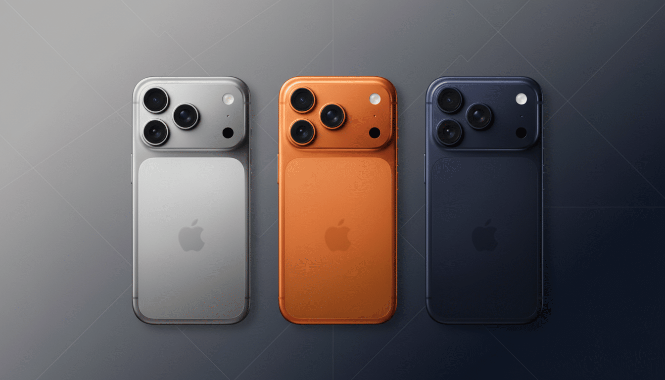 ** Three iPhones in silver, orange, and dark blue are arranged side -by-side on a dark gray and blue gradient background. **
