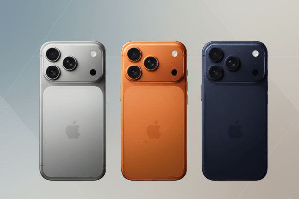 Three iPhones in silver, orange, and blue colors are displayed on a professional flat design background with soft gray and blue geometric patterns and gradients. Filename : three iphones silverorange blueprofessional background.png