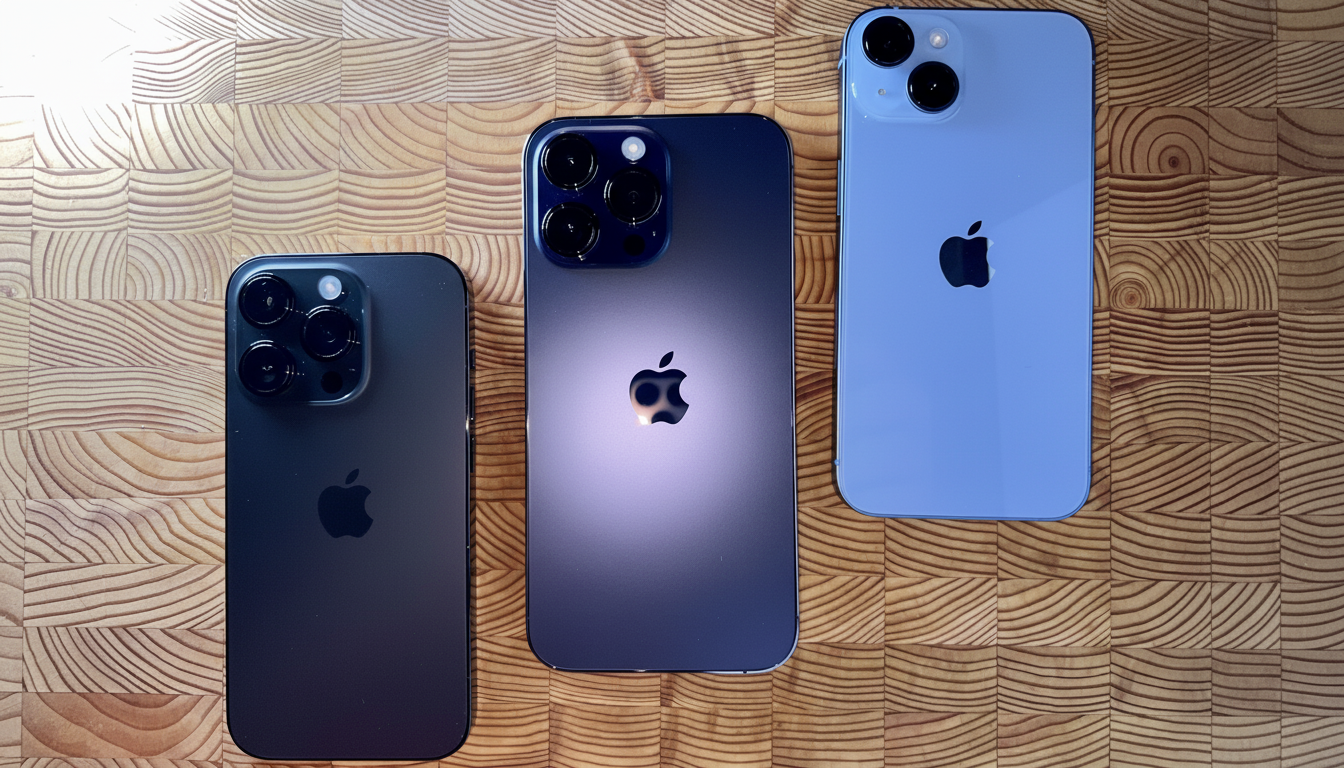 A professional overhead shot of three iPhones on a wooden surface, resized to a 1 6: 9 aspect ratio. From left to right: a dark gray iPhone, a deep pu