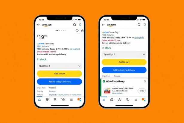 A 16:9 aspect ratio image of two smartphone screens displaying the Amazon shopping app interface. The left screen shows a product page with an Add to cart button, while the right screen shows the product successfully added to delivery.