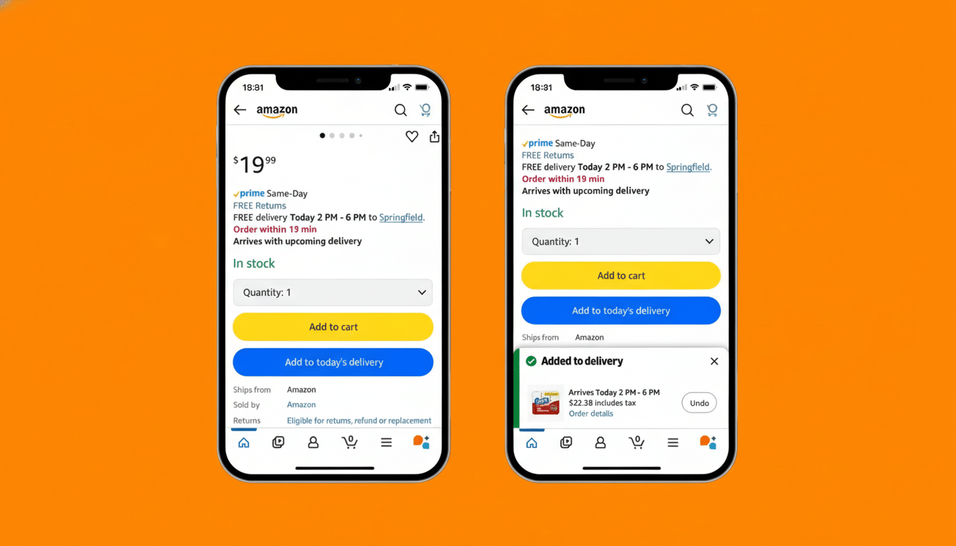 A 16:9 aspect ratio image of two smartphone screens displaying the Amazon shopping app interface. The left screen shows a product page with an Add to cart button, while the right screen shows the product successfully added to delivery.