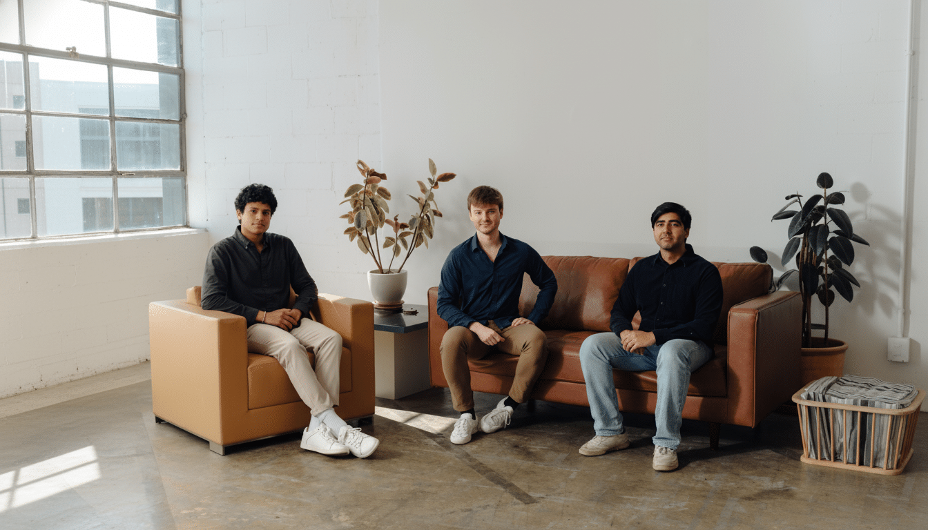 Three young men sit in an industrial -style room with a large window and potted plants, maintaining the original background.