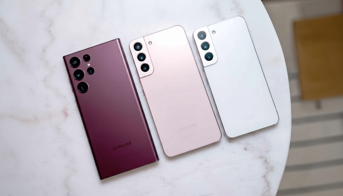 Three Samsung smartphones, in burgundy, pink, and white, are displayed on a marble surface.