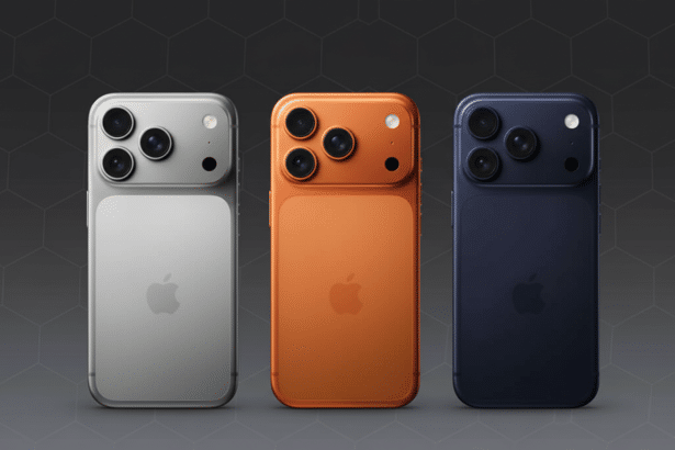 Three smartphones, silver, orange, and blue, with four camera lenses each, are displayed on a dark gray background with a subtle hexagonal pattern.
