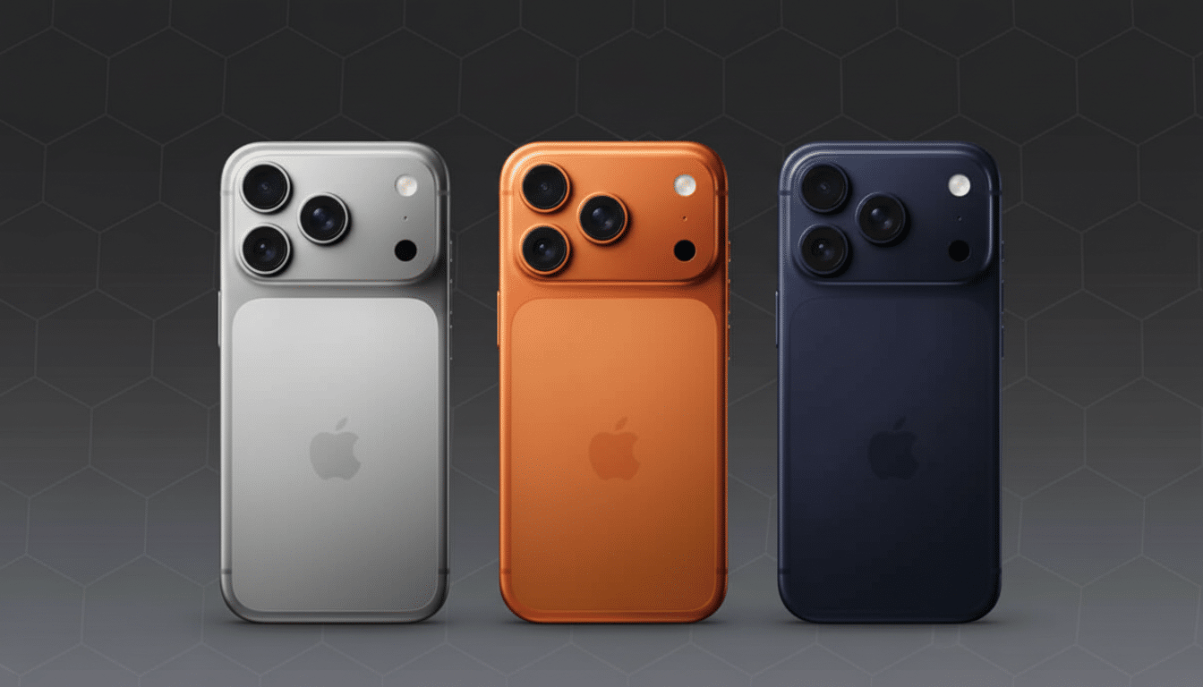 Three smartphones, silver, orange, and blue, with four camera lenses each, are displayed on a dark gray background with a subtle hexagonal pattern.