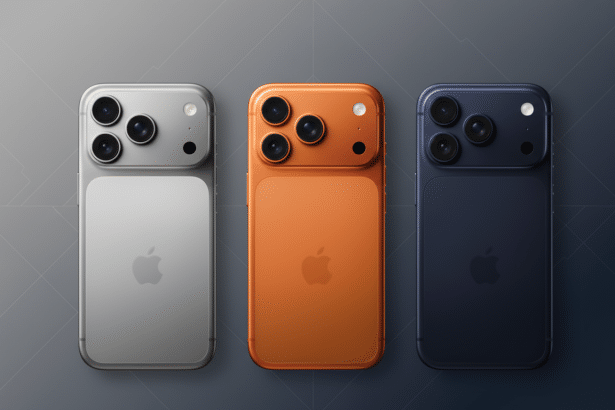 This is an image of three smartphones in silver, orange, and blue. The background has been updated t