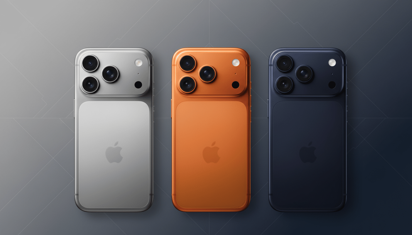 This is an image of three smartphones in silver, orange, and blue. The background has been updated t