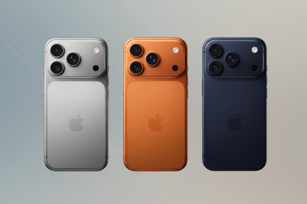 Three smartphones in silver, orange, and blue, with prominent camera arrays, on a professional flat design background with soft patterns .