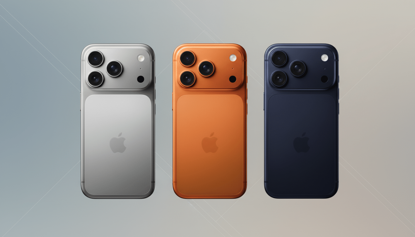 Three smartphones in silver, orange, and blue, with prominent camera arrays, on a professional flat design background with soft patterns .