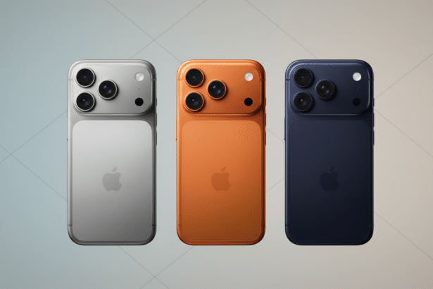 Three smartphones in silver, orange, and blue, with three camera lenses, are presented against a gradient background with subtle geometric patterns.