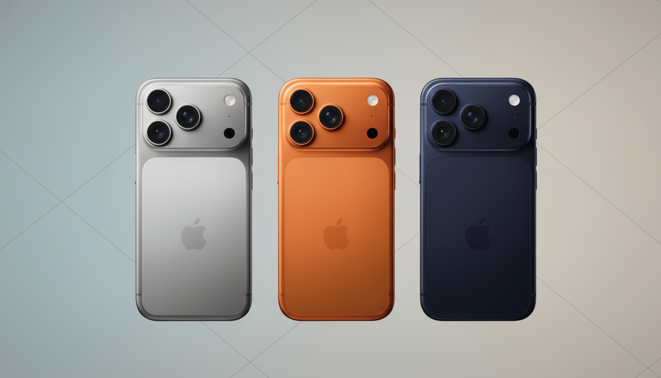 Three smartphones in silver, orange, and blue, with three camera lenses, are presented against a gradient background with subtle geometric patterns.