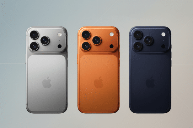 Three smartphones, silver, orange, and blue, are displayed vertically against a professional flat design background with soft grey and subtle geometri