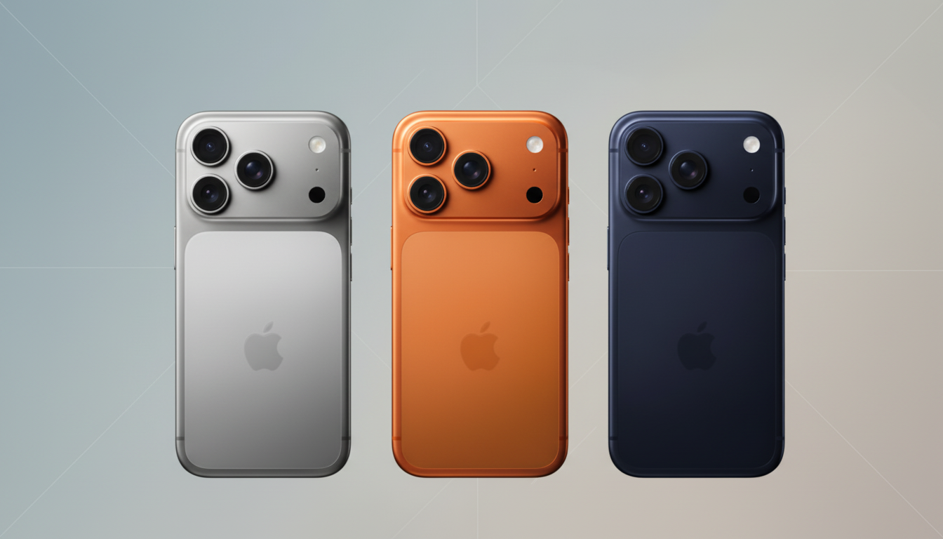 Three smartphones, silver, orange, and blue, are displayed vertically against a professional flat design background with soft grey and subtle geometri
