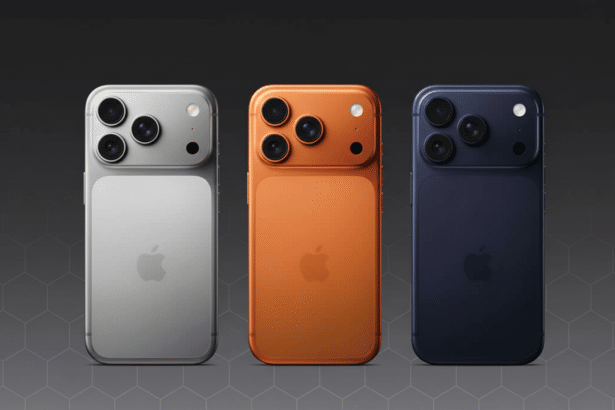 Three smartphones, silver, orange, and blue, are displayed on a professional dark grey background with a subtle hexagonal pattern.