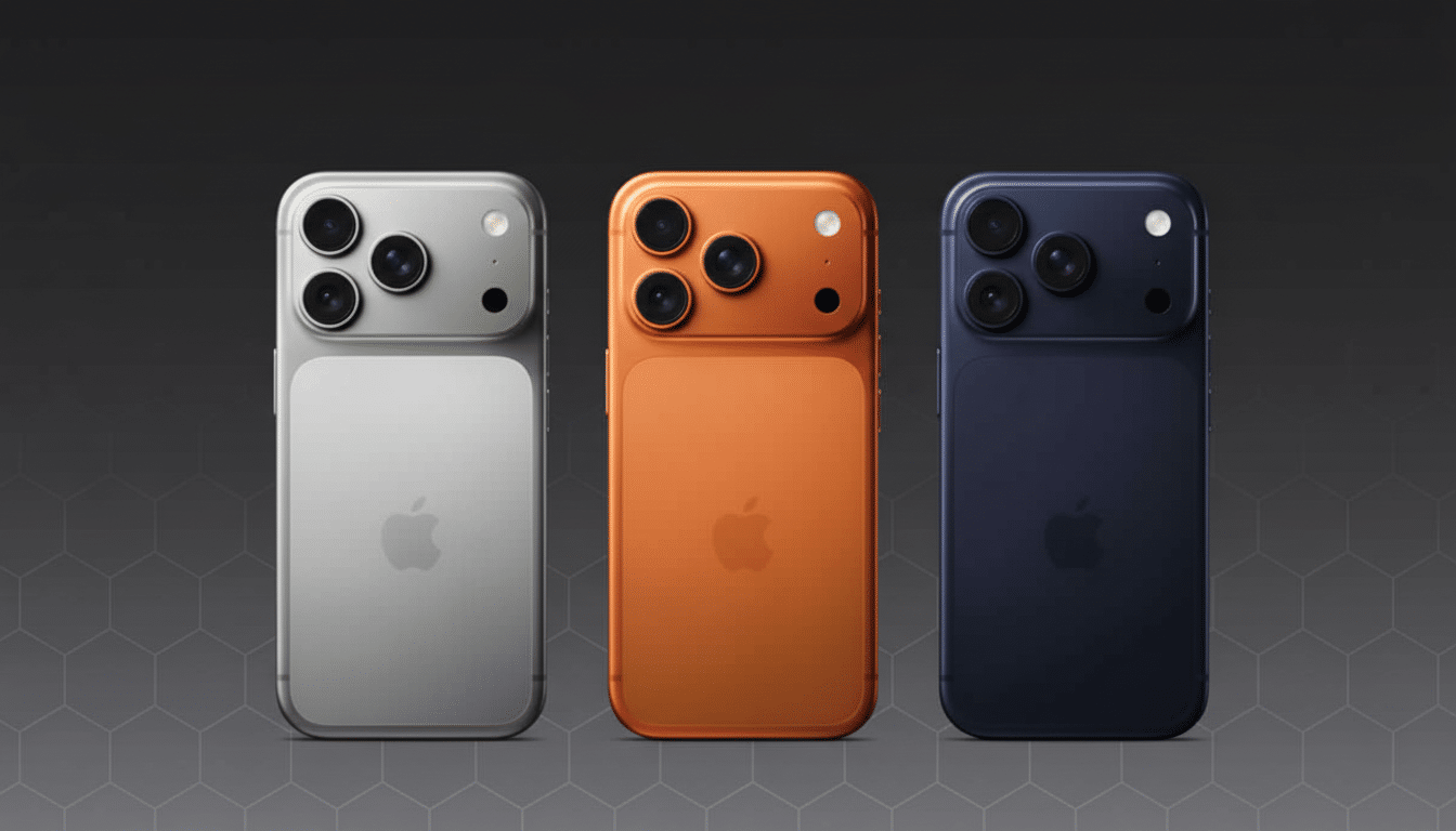 Three smartphones, silver, orange, and blue, are displayed on a professional dark grey background with a subtle hexagonal pattern.