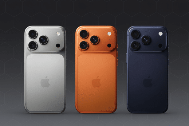 Three smartphones, silver, orange, and blue, presented professionally on a dark gray background with subtle hexagonal patterns.