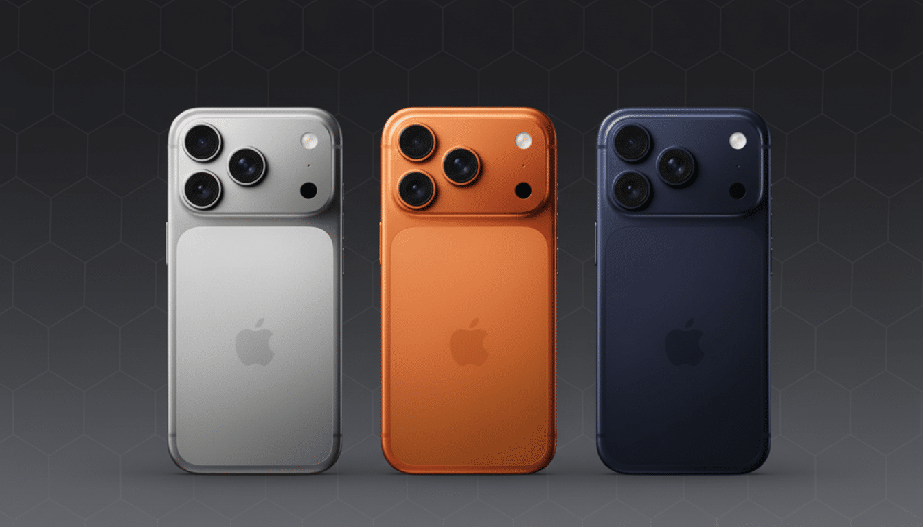 Three smartphones, silver, orange, and blue, presented professionally on a dark gray background with subtle hexagonal patterns.