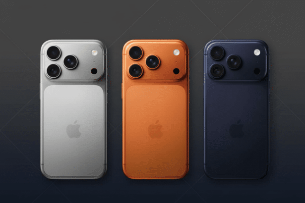 Three smartphones, silver, orange, and blue, are displayed on a professional dark grey background with subtle geometric patterns and a soft gradient.