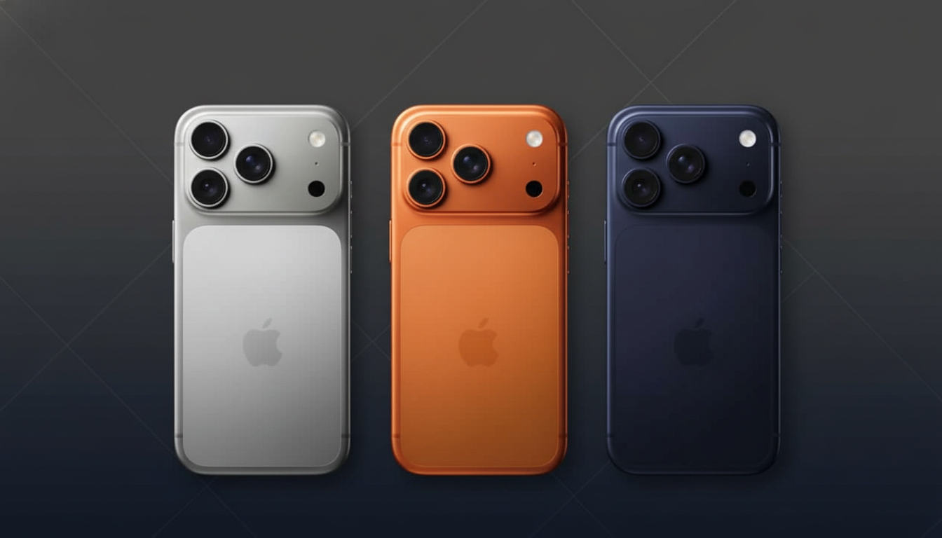 Three smartphones, silver, orange, and blue, are displayed on a professional dark grey background with subtle geometric patterns and a soft gradient.