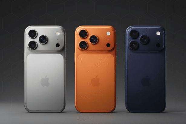 Three smartphones in silver, orange, and blue with triple cameras and an Apple logo, presented against a professional dark background with a subtle he