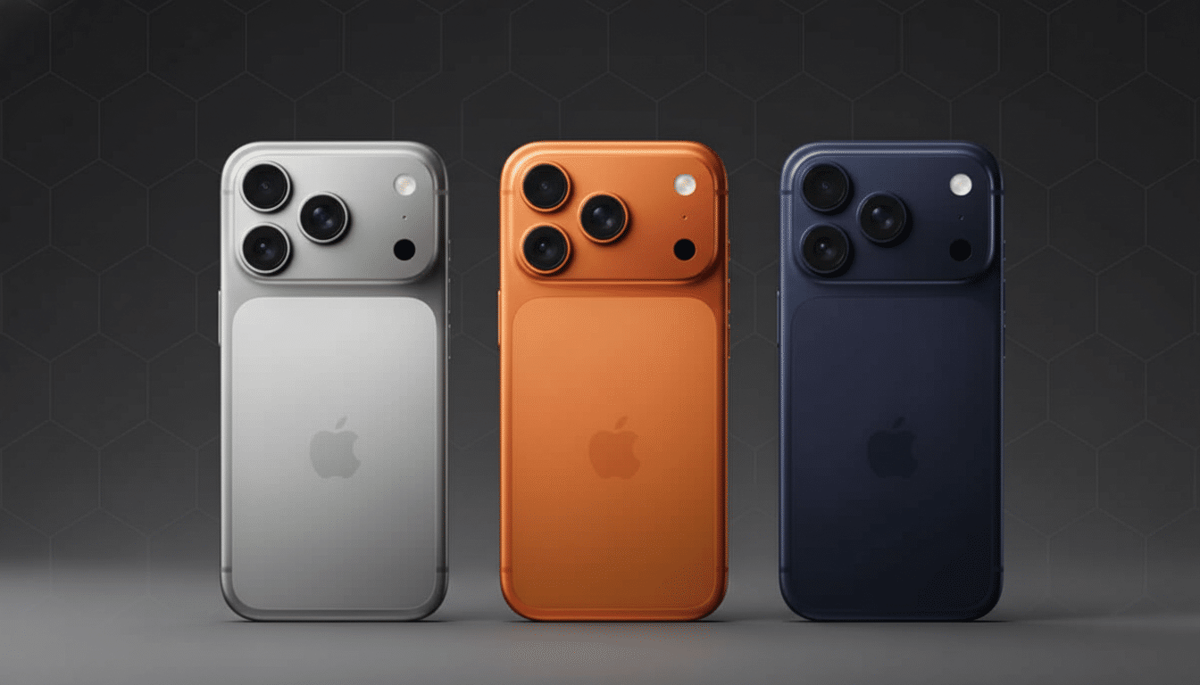 Three smartphones in silver, orange, and blue with triple cameras and an Apple logo, presented against a professional dark background with a subtle he