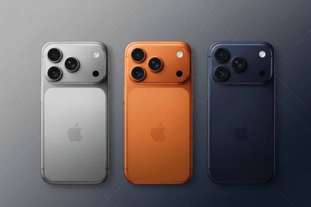 Three smartphones in silver, orange, and blue, with prominent camera lenses, displayed against a professional flat design background with a subtle gra