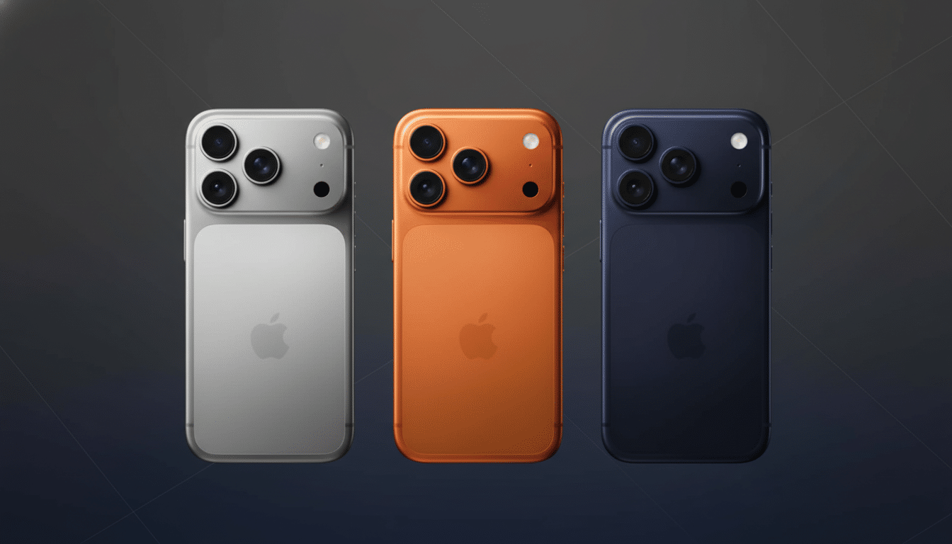 Three smartphones, silver, orange, and blue, are displayed on a professional dark background with subtle gradients, showcasing their camera systems an