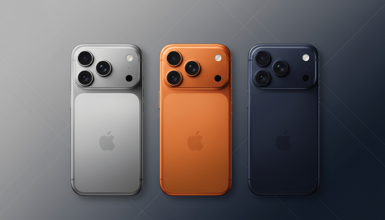 Three smartphones in silver, orange, and blue, with prominent camera lenses, displayed against a professional flat design background with a subtle gra
