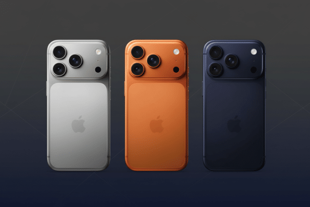 Three smartphones, silver, orange, and blue, presented professionally against a subtle gradient background with geometric patterns, highlighting their