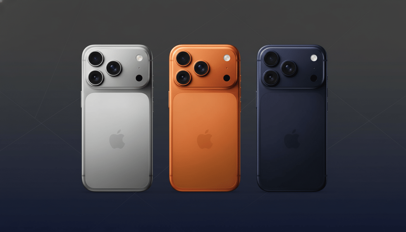 Three smartphones, silver, orange, and blue, presented professionally against a subtle gradient background with geometric patterns, highlighting their