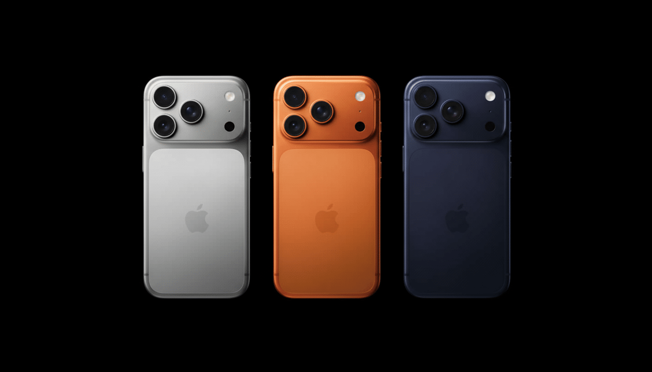 Three smartphones , one silver, one orange, and one dark blue, arranged horizontally against a black background, showcasing their camera systems and Apple logos .
