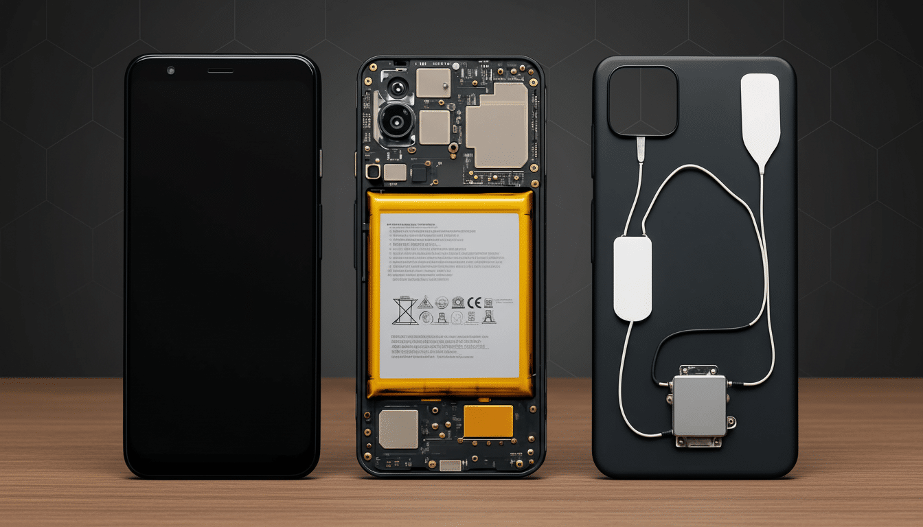 Three smartphones are displayed on a wooden surface, showing the front, internal components, and an accessory.