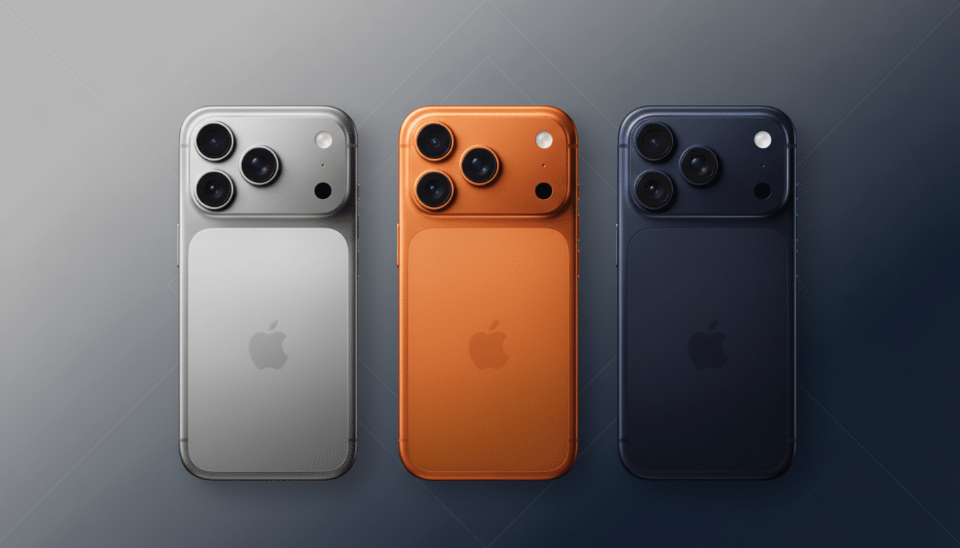 Three smartphones, silver, orange, and blue, are shown from the back with a professional gradient background.