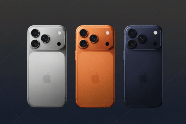 Three smartphones, silver, orange, and blue, are displayed on a professional dark background with subtle geometric patterns.