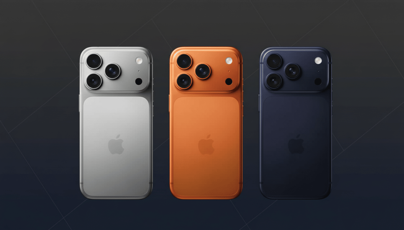 Three smartphones, silver, orange, and blue, are displayed on a professional dark background with subtle geometric patterns.