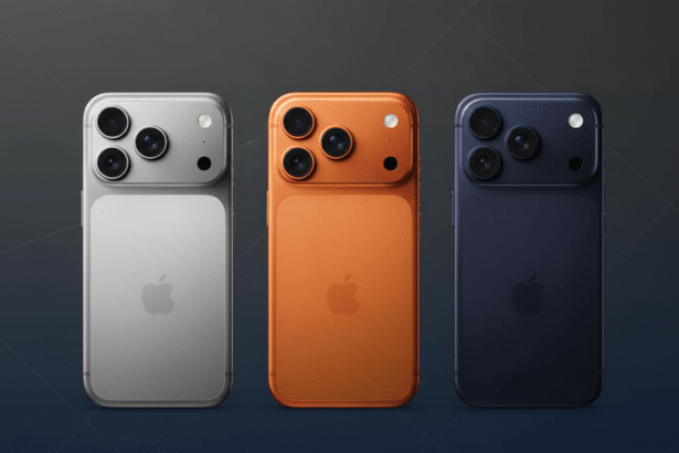 Three smartphones, silver, orange, and blue, are displayed on a professional dark background with subtle patterns, resized to a 16: 9 aspect ratio.