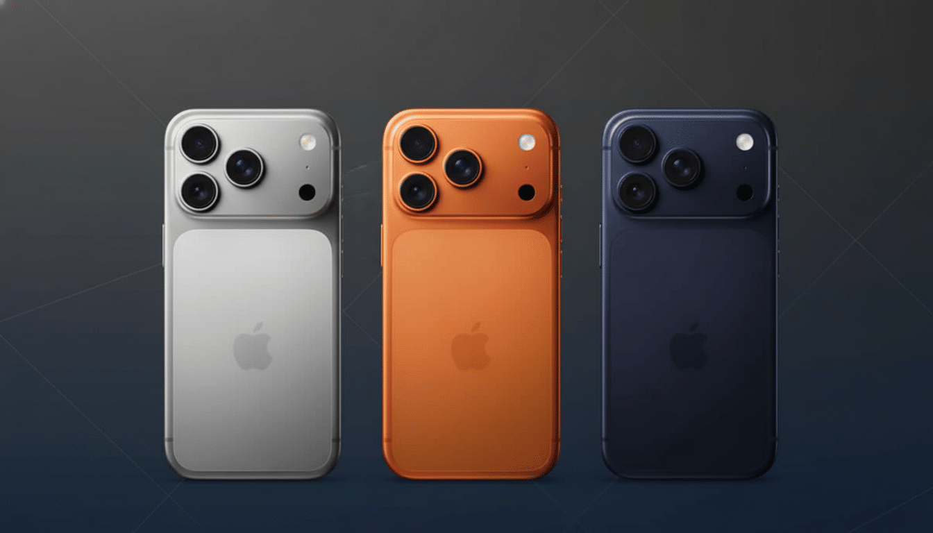Three smartphones, silver, orange, and blue, are displayed on a professional dark background with subtle patterns, resized to a 16: 9 aspect ratio.