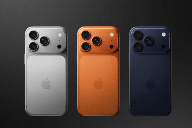 Three smartphones, silver, orange, and blue, are lined up on a dark background with a subtle hexagonal pattern, showcasing their rear cameras and Appl