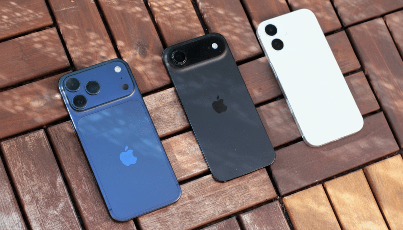 Three smartphones , one blue, one black, and one white, are displayed on a wooden surface with sunlight dapp ling over them. Filename : three smartphones wooden background .png