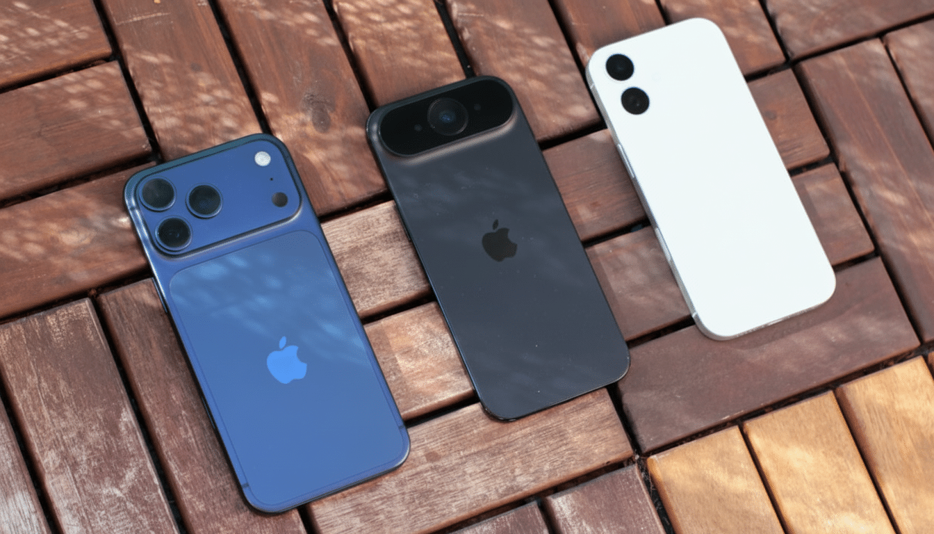Three smartphones , one blue, one black, and one white, are displayed on a wooden surface with a 1 6:9 aspect ratio. Filename : three smartphones wooden background .png
