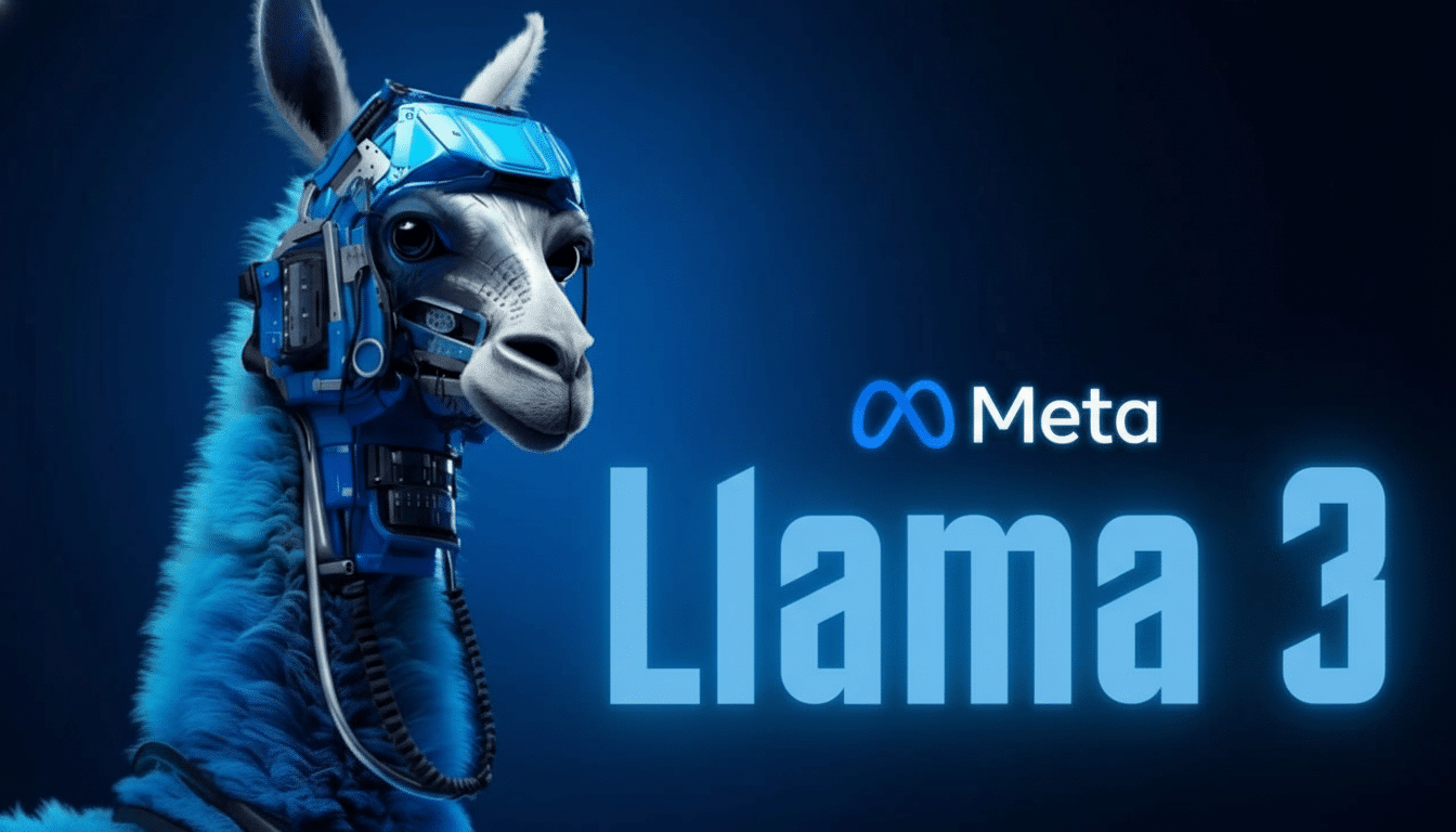 An image featuring a blue llama with robotic enhancements on its head and neck, set against a dark blue background. To the right, the Meta logo is displayed above the text Llama 3 in a light blue hue .