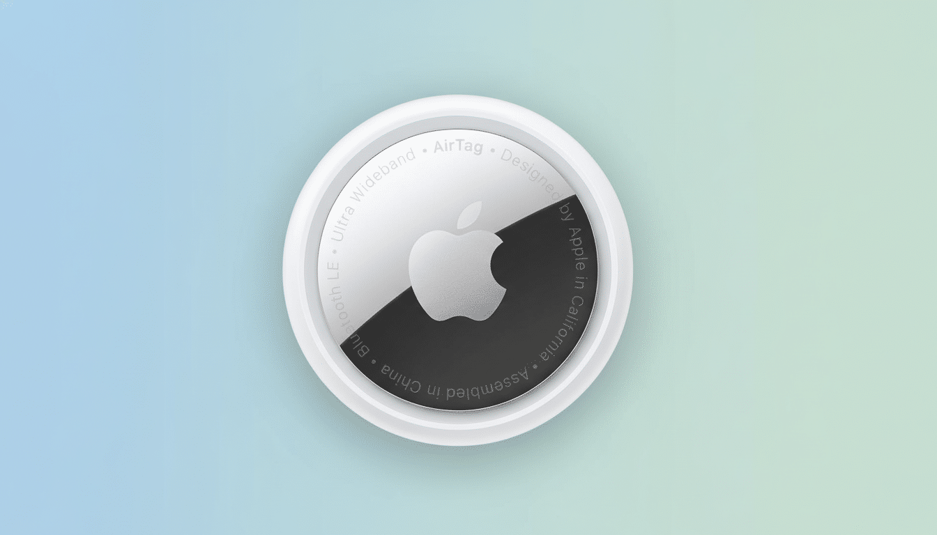 A top -down view of an Apple Air Tag, a small , white , circular device with a metallic back featuring the Apple logo and text details , presented on a subtle blue and green gradient background .