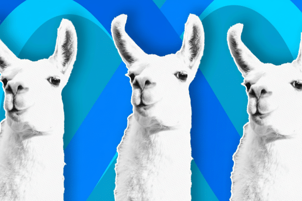 Three white llamas with a textured appearance are set against a vibrant blue background with a subtle wave pattern. The llamas are positioned centrally, with the middle llama slightly more prominent than the other two.