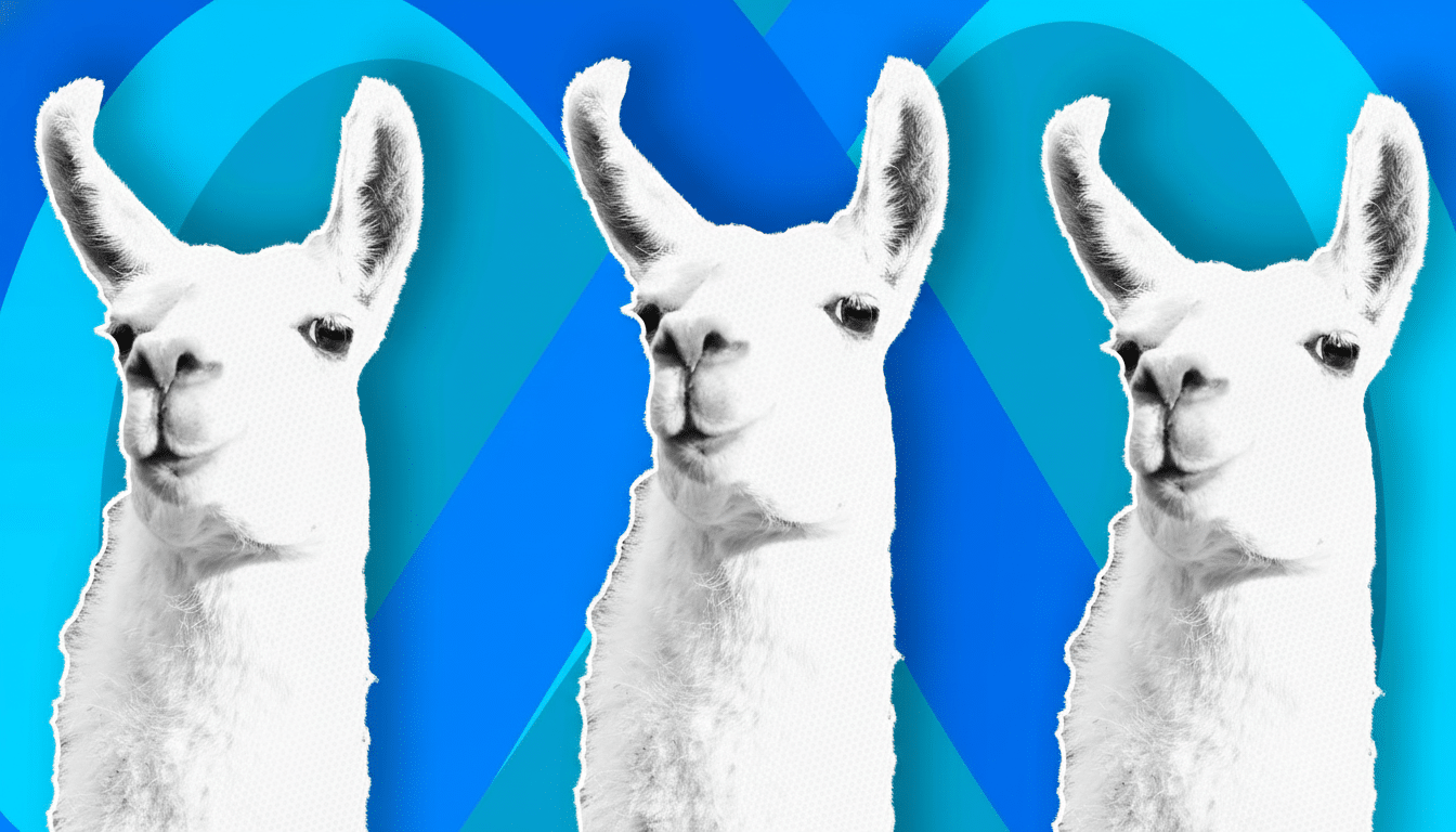 Three white llamas with a textured appearance are set against a vibrant blue background with a subtle wave pattern. The llamas are positioned centrally, with the middle llama slightly more prominent than the other two.